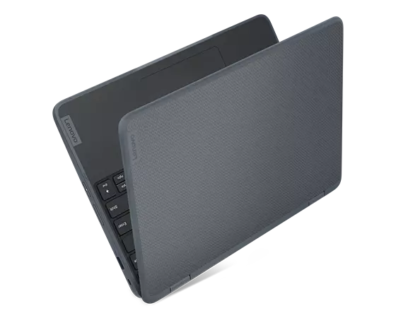 A Lenovo 500w Yoga Gen 4 2-in-1 laptop open 20° and shown as if it’s standing on its right-rear edge