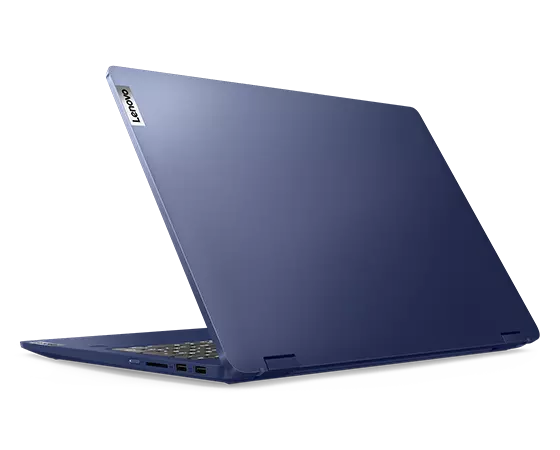 Rear view of Abyss Blue IdeaPad Flex 5i in laptop mode with Lenovo logo