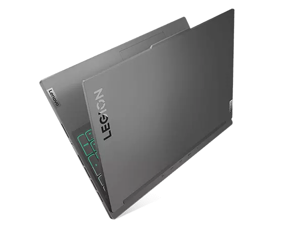 Right angle view of the Lenovo Legion Slim 7i Gen 8 (16 Intel) opened in a V shape and showing the top panel