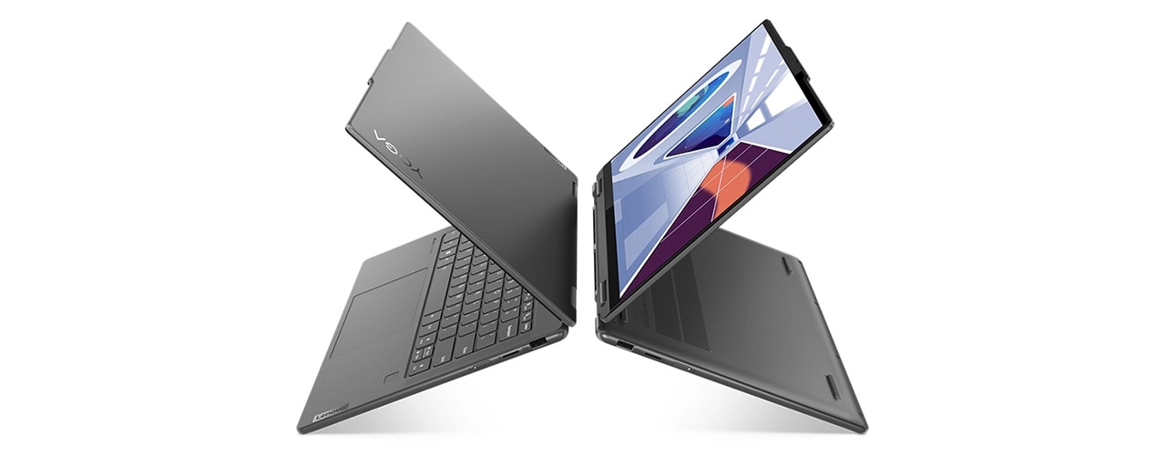 Two Yoga 7 Gen 8 (14″ AMD) devices back-to-back, one in laptop mode and one in tent mode