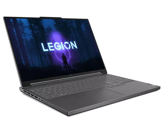 Geopende Legion Slim 5i Gen 8-laptop in Storm Grey, naar rechts gericht