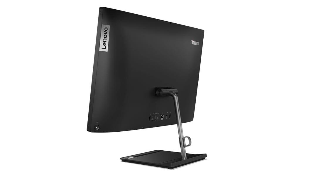 Rear-facing ThinkCentre Neo 30a  (27" Intel) all-in-one PC, showing rear cover, ports, and monitor stand