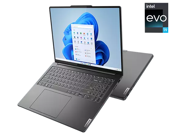 Top front right view of the Lenovo Yoga Pro 9i Gen 8 (16 Intel) open, adjacent to a back left view of the device closed