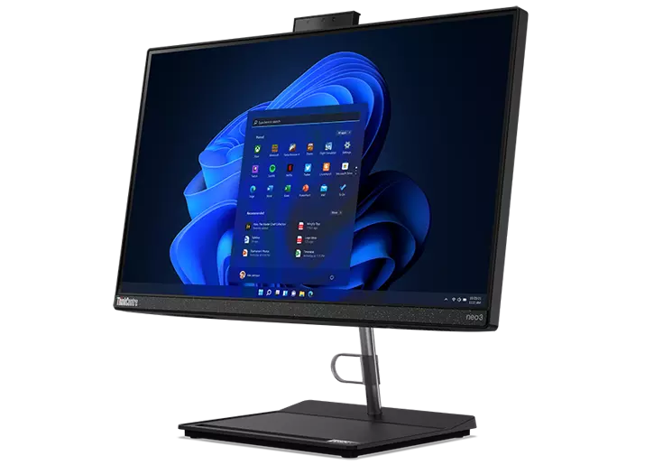 Front facing Lenovo ThinkCentre Neo 30a (22, Intel) angled to show right side, Display with Windows 11, and stand