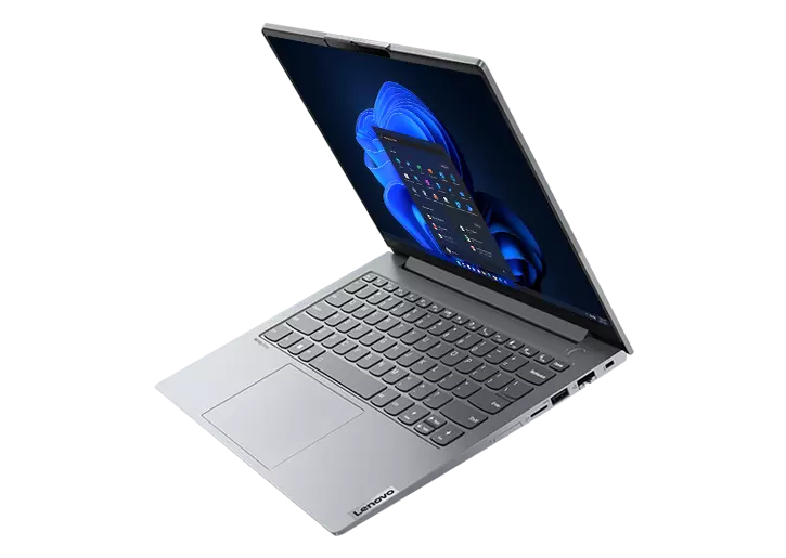 Floating front-facing Lenovo ThinkBook 14 Gen 4+ laptop open 90 degrees, showcasing keyboard, display & right-side ports.