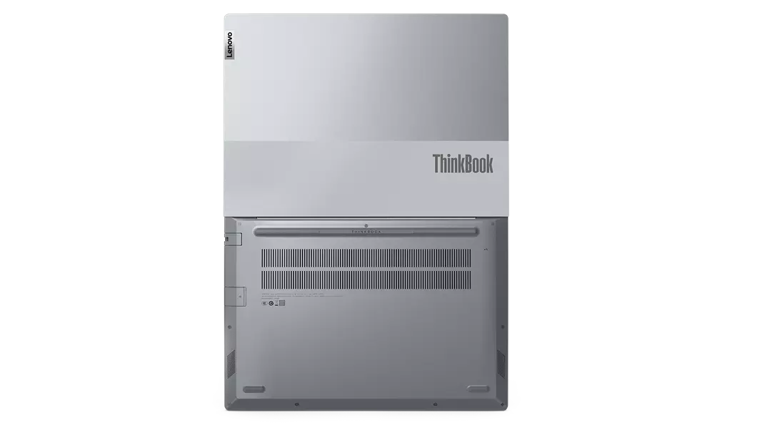 Backside of Lenovo ThinkBook 14 Gen 4+ laptop open 180 degrees, lying flat.