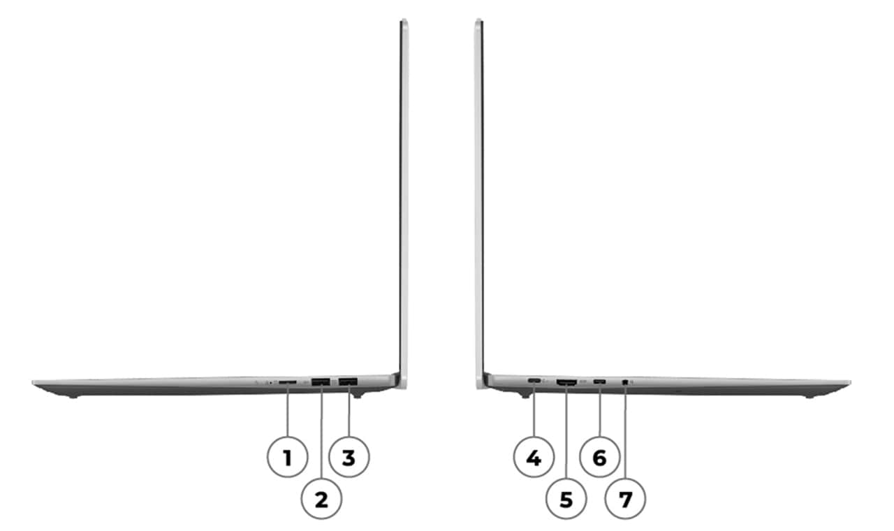 Left & right-side profiles of IdeaPad Slim 5 Gen 8 laptop, opened at 90 degrees, showing edges of keyboard & top cover, & ports