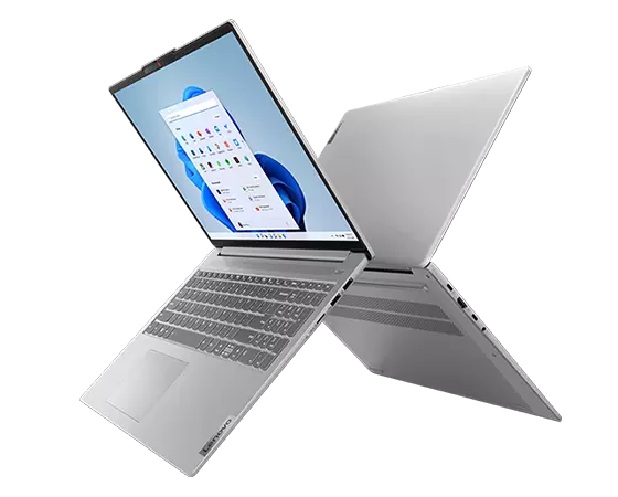 Deux portables IdeaPad Slim 5 Gen 8 avec capots ouverts à 90 degrés, flottants dos à dos.