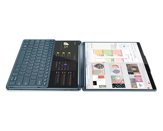Yoga Book 9i Gen 8 (13″ Intel) laying flat in book mode with Bluetooth® keyboard attached