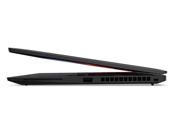 Vista del lateral derecho del portátil Lenovo ThinkPad T14s de 4.ª generación abierto en un ángulo de 15 grados. 