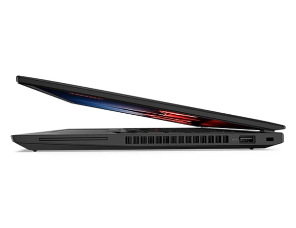 Right-side view of the Lenovo ThinkPad T14 Gen 4 laptop open 15 degrees.