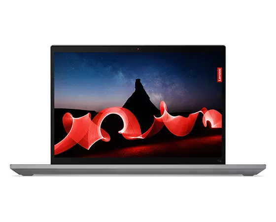 Vue avant du portable Lenovo ThinkPad T14 Gen 4 en coloris Storm Grey, mettant en valeur son écran de 35,56 cm (14").