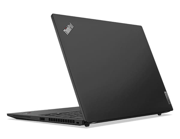 Lenovo ThinkPad T14s Gen 4 Notebook, Ansicht von hinten, schräg mit Blick auf die Anschlüsse auf der rechten Seite und einen Teil der Tastatur.