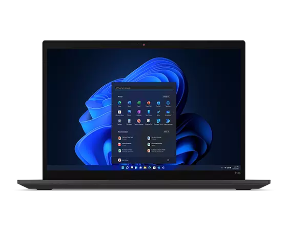 Front-facing Lenovo ThinkPad T14s Gen 4 laptop focusing on display with Windows 11 Pro Start menu.