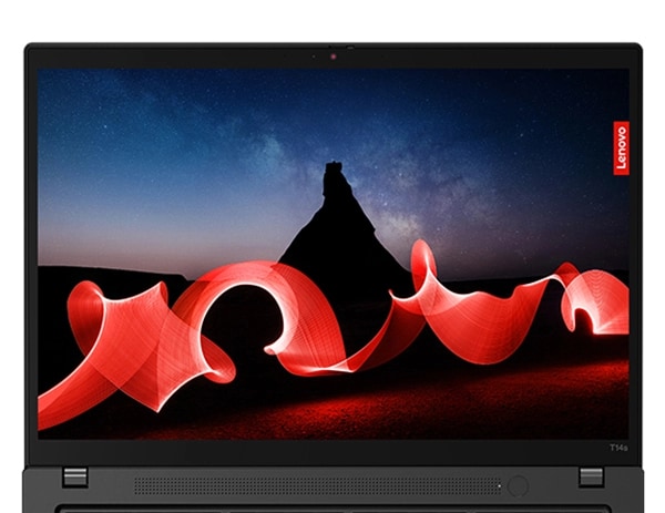 A Lenovo ThinkPad T14s laptop display showing an outdoor nighttime image with wavy red graphics superimposed on it