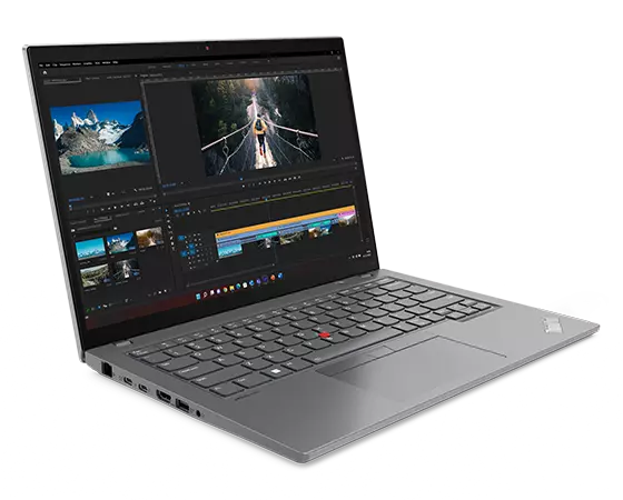 Lenovo ThinkPad T14 Gen 4 (14ʺ Intel) laptop in Storm Grey, open 90 degrees, angled to show left-side ports, keyboard & display.