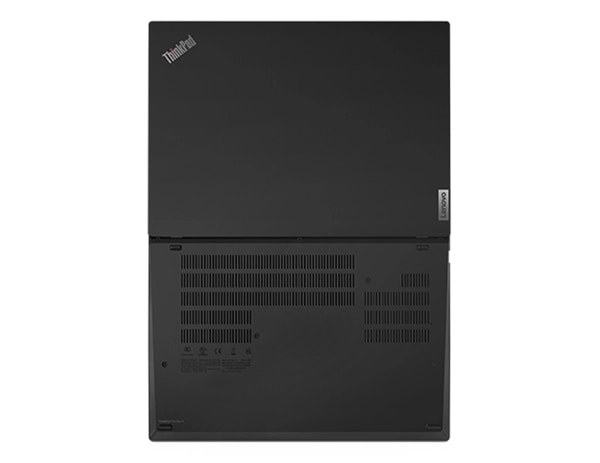 Vista superior del portátil Lenovo ThinkPad T14 abierto en un ángulo de 180 grados con las tapas superior e inferior visibles.