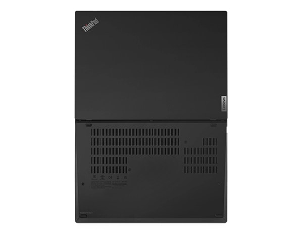 Fotografía aérea de la computadora portátil Lenovo ThinkPad T14 abierta 180 grados que muestra las cubiertas inferior y superior.