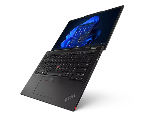 A ThinkPad X13 Yoga Gen 4 2-in-1 laptop open 180° to lay flat, shown as if resting on bottom edge