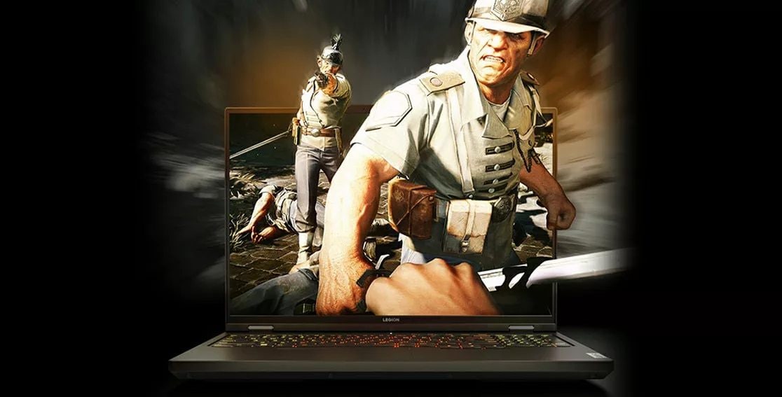 Legion Pro 5 Gen 8 (16″ AMD) with video game characters popping out of the screen