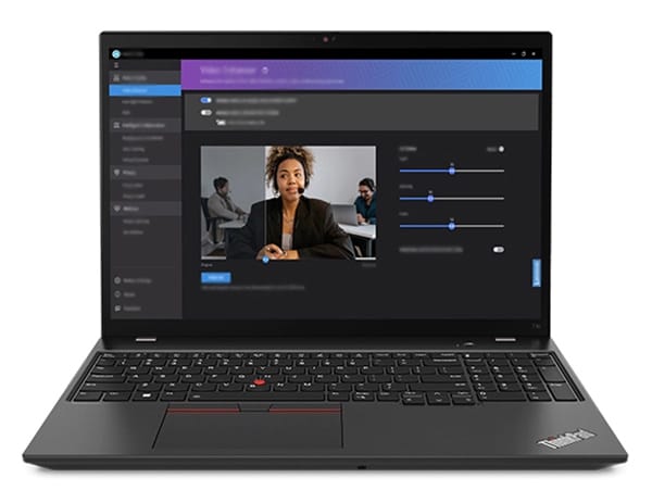 Lenovo ThinkPad T16 Gen 2 Notebook, Ansicht von vorne, um 90 Grad geöffnet, mit Lenovo View auf dem Display.