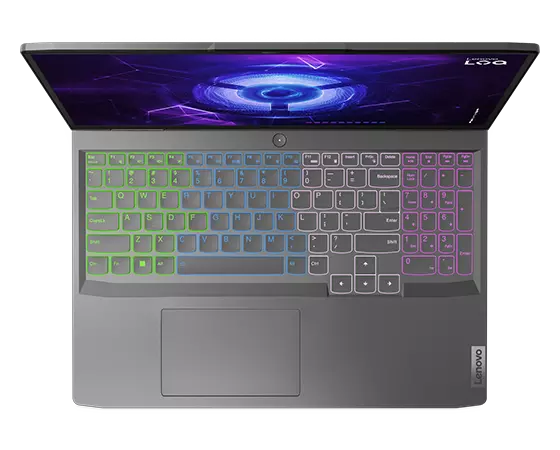 Lenovo LOQ 16IRH8 gaming laptop—from above, lid open, with keyboard backlit in optional 4-zone RGB
