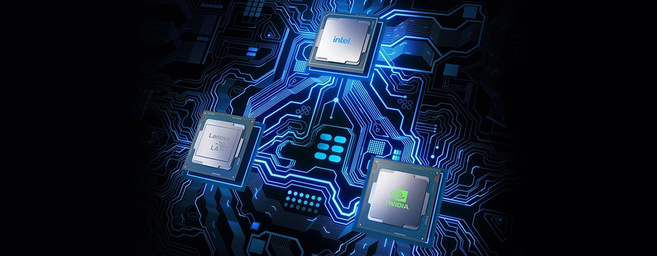 Graphic of a circuit board, showing Lenovo LA1 AI, Intel, and NVIDIA chips