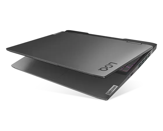 Lenovo LOQ 16IRH8 gaming laptop—front-right view, lid barely open