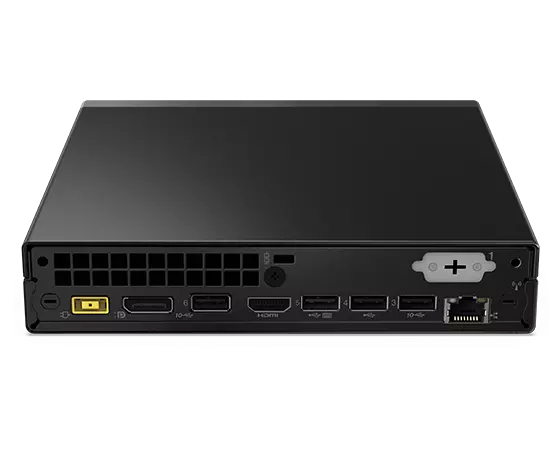 Vue arrière du Lenovo ThinkCentre Neo 50q Gen 4 de tout petit format (Intel), posé à l’horizontale, montrant les ports arrière