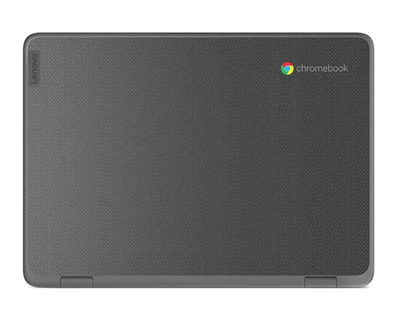 Overhead view of the closed top cover of a Lenovo 500e Yoga Chromebook Gen 4 convertible laptop 