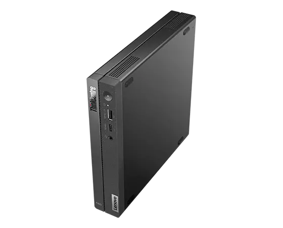 Side-facing Lenovo ThinkCentre Neo 50q Gen 4 Tiny (Intel), stood vertically, showing front & right-side panels