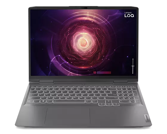 Lenovo LOQ 16APH8 Notebook, Vorderansicht, mit eingeschaltetem Display und weiß beleuchteter Tastatur