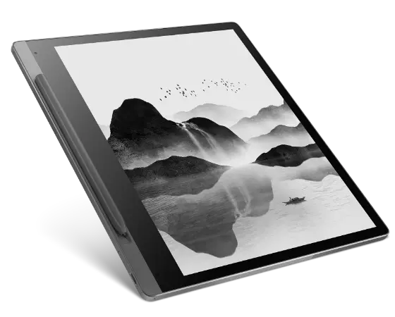 Lenovo Smart Paper og Smart Pen sett fra siden, med 10,3" E-Ink-skjerm som viser en tegning av fjell og innsjøer