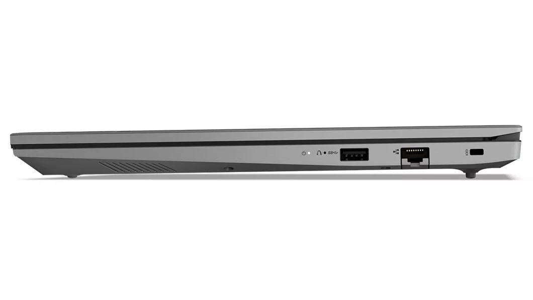 Right-side profile of closed Lenovo V15 Gen 4 laptop in Arctic Grey.