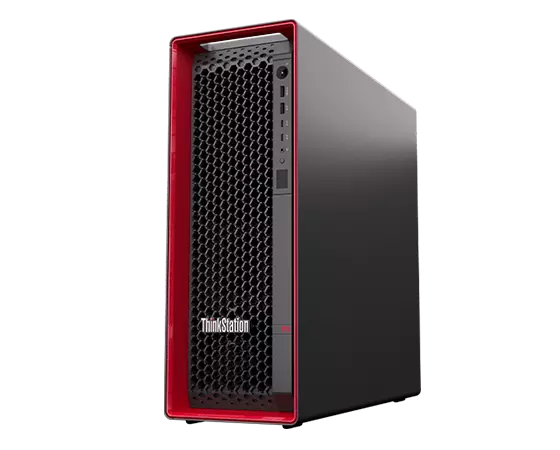 Vue latérale droite de la station de travail Lenovo ThinkStation P5, montrant le boîtier rouge emblématique et les ports à l’avant