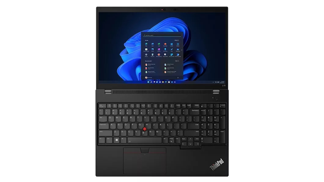 Lenovo ThinkPad L15 Gen 4 (15, AMD) laptop – front view from above, lid open 180 degrees with search window over blue wavy background