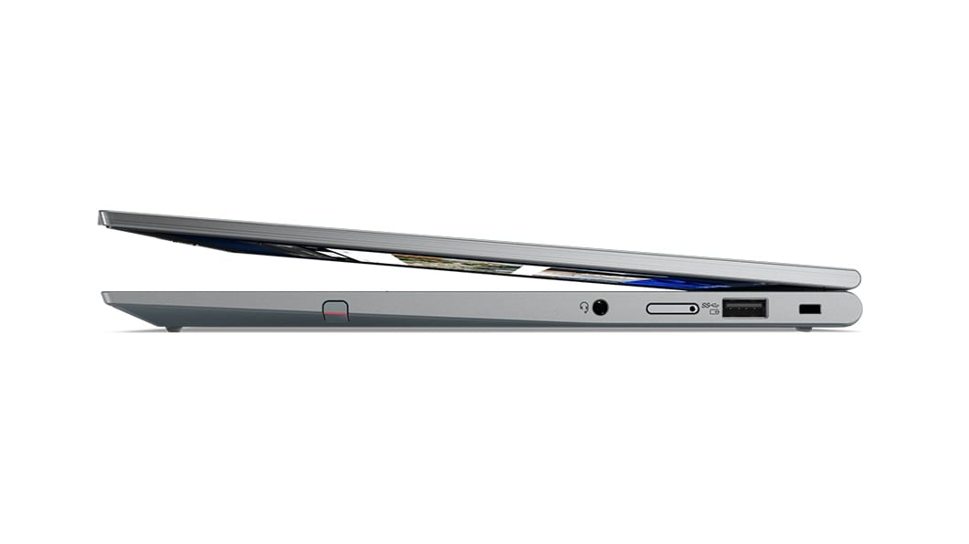 Right-side profile view of the Lenovo ThinkPad X1 Yoga Gen 8 2-in-1 with cover barely open. 