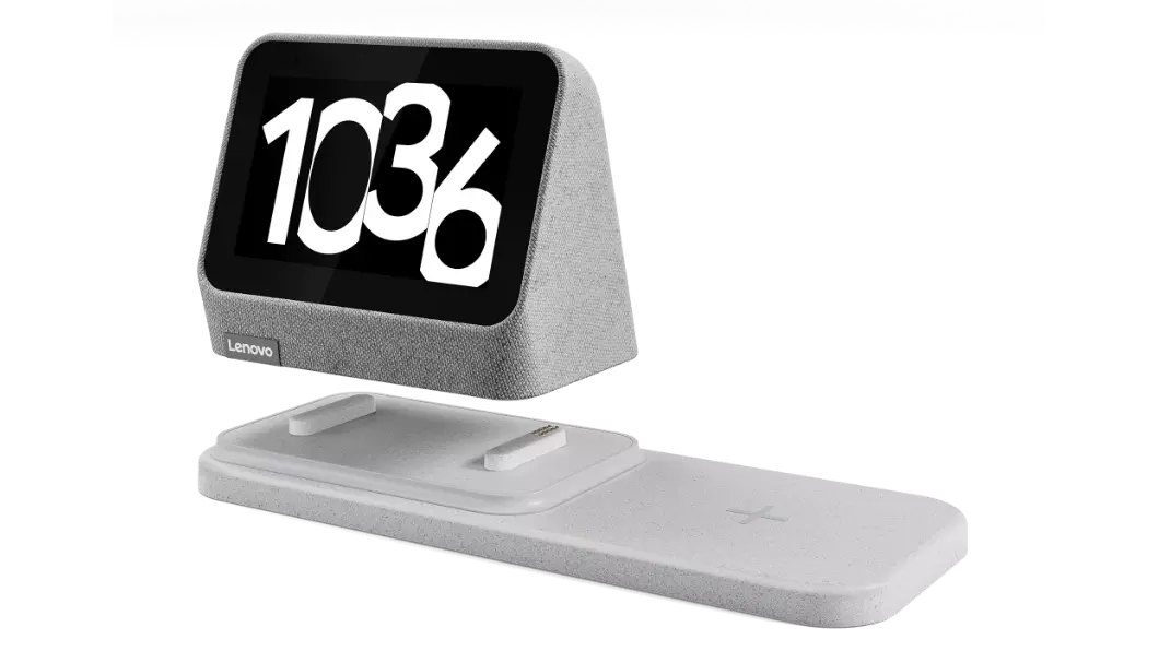 Lenovo Smart Clock Gen 2—front view, with 10:36 showing on the clock face/display, hovering above its dock