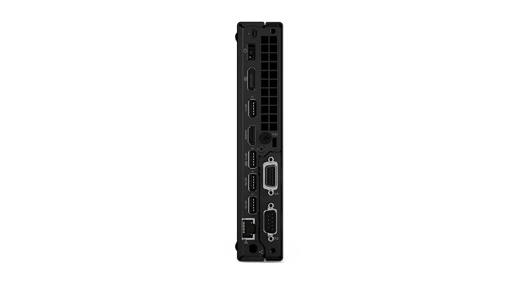 Front-facing rear view of ports on the Lenovo ThinkCentre M90q Gen 2 tiny desktop positioned vertically.