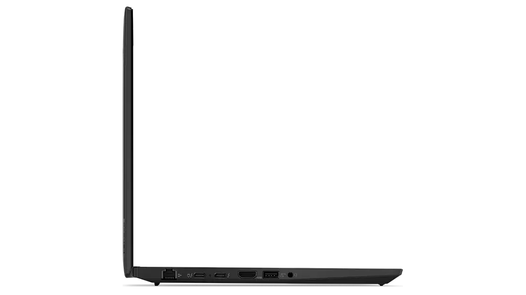 Ansicht des ThinkPad T14 Gen 3 (14 AMD) von links, um 90 Grad geöffnet, mit Blick auf die schmalen Kanten von Display und Tastatur