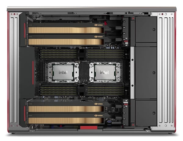Side view of Lenovo ThinkStation PX workstation, left-side panel removed, showing dual  Intel® Xeon® scalable processors