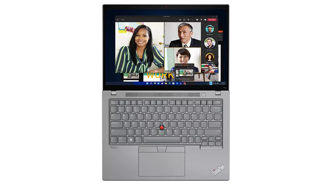 Ansicht des Lenovo ThinkPad T14 Gen 3 (14 AMD) von oben, flach um 180 Grad geöffnet, mit Blick auf Display und Tastatur