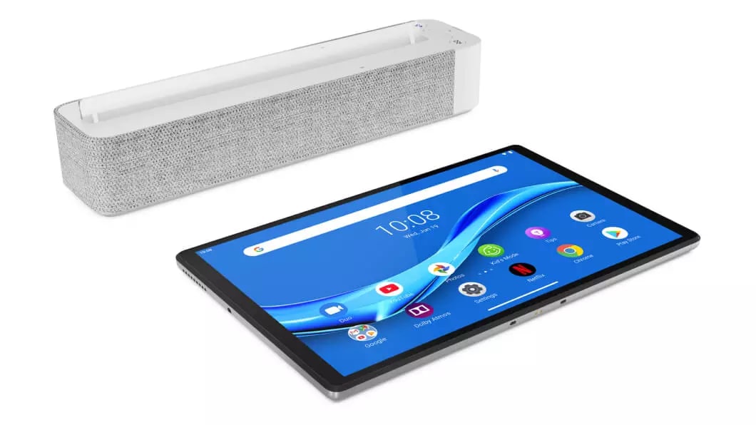 La tablet Smart Tab M10 FHD Plus de 2.ª generación en posición plana frente al Smart Dock