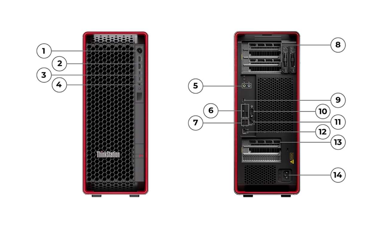 Front and rear views of Lenovo ThinkStation P7 workstation, showing front & rear ports