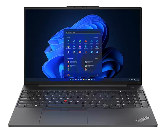 Lenovo ThinkPad E16 (16″ Intel) laptop – front view, lid open, with Windows menu on the display