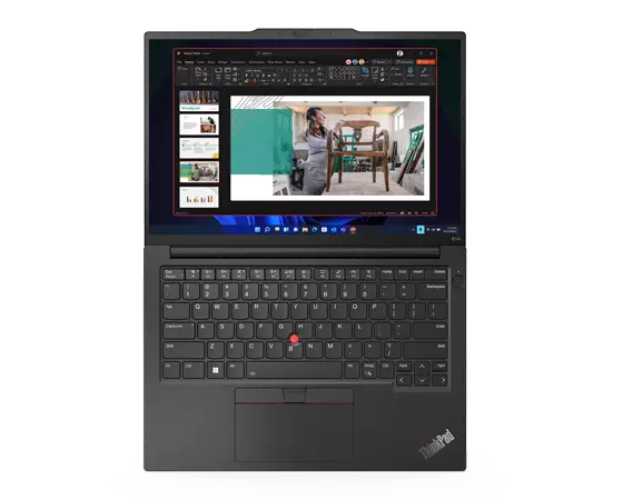 ThinkPad E14 Gen 5 (14″ Intel) laptop – aerial view with lid open 180 degrees and laying flat, with slideshow on the display