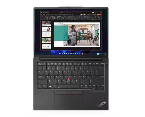 ThinkPad E14 Gen 5 (14" Intel) laptop – aerial view with lid open 180 degrees and laying flat, with slideshow on the display