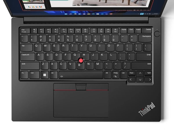 Aerial view of keyboard on open ThinkPad E14 Gen 5 (14″ Intel) laptop