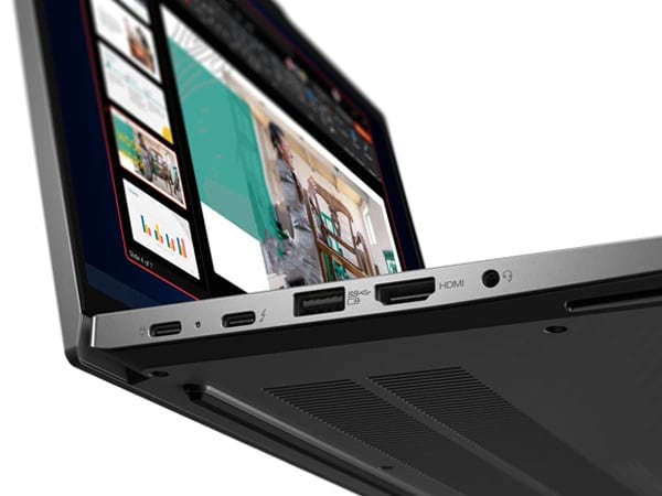 ThinkPad E14 Gen 5 (14″ Intel) laptop – close-up view of left side ports, showing some of bottom of the laptop and some of the laptop’s open display
