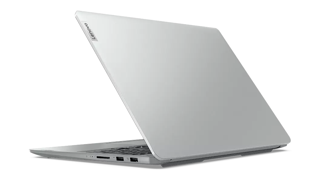 Vista traseira direita a ¾ do IdeaPad 5 Pro (6.ª geração) de 16" (40,64 cm, AMD) em Cinzento (Cloud Grey), com a tampa parcialmente aberta